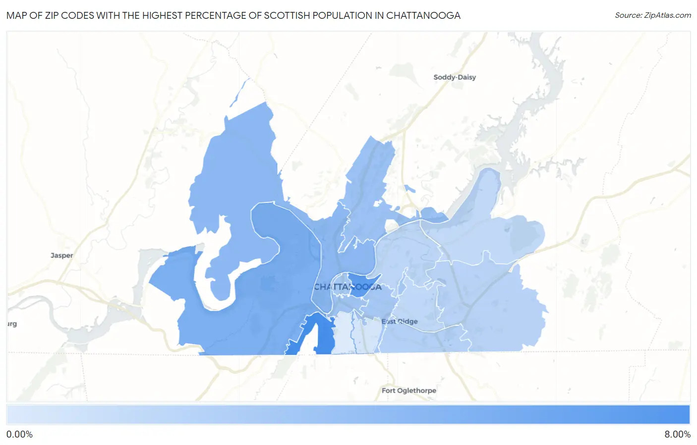 Zip Codes with the Highest Percentage of Scottish Population in Chattanooga Map