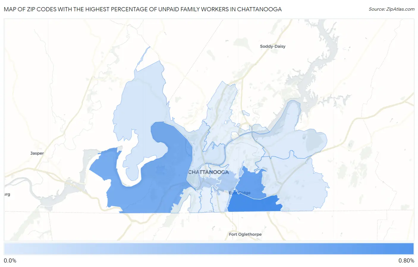 Zip Codes with the Highest Percentage of Unpaid Family Workers in Chattanooga Map