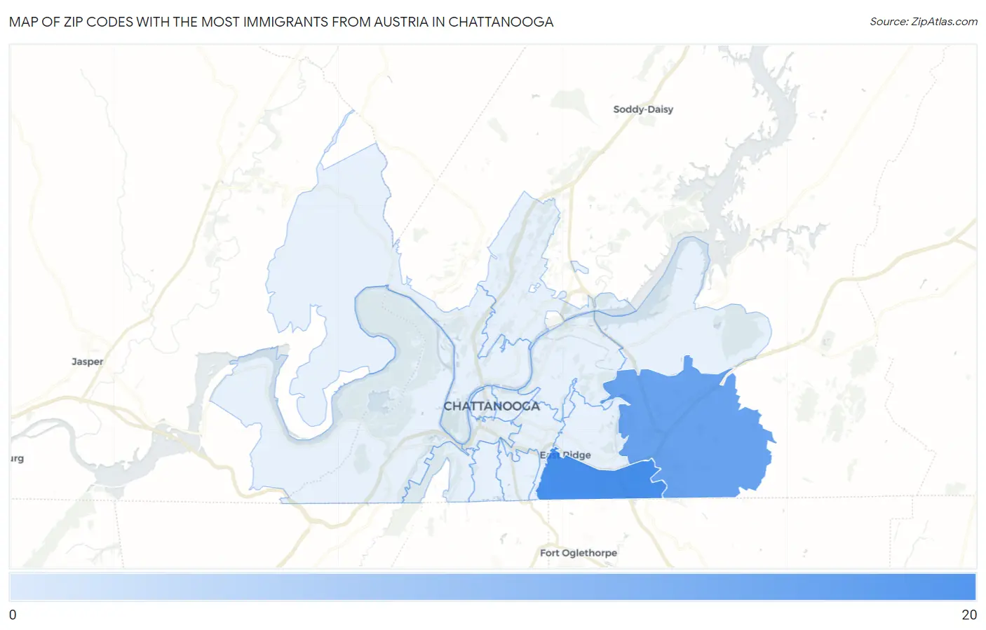 Zip Codes with the Most Immigrants from Austria in Chattanooga Map