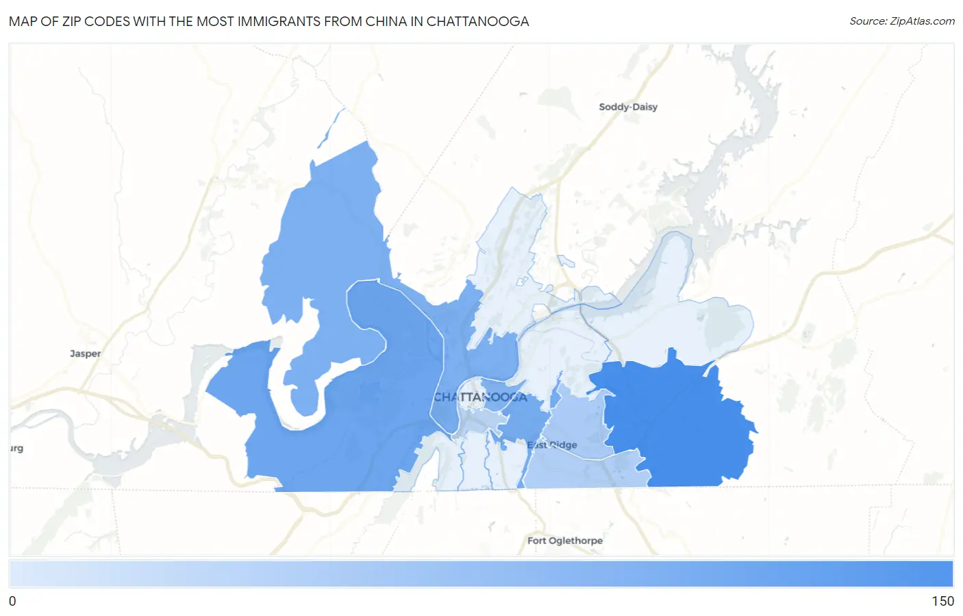 Zip Codes with the Most Immigrants from China in Chattanooga Map