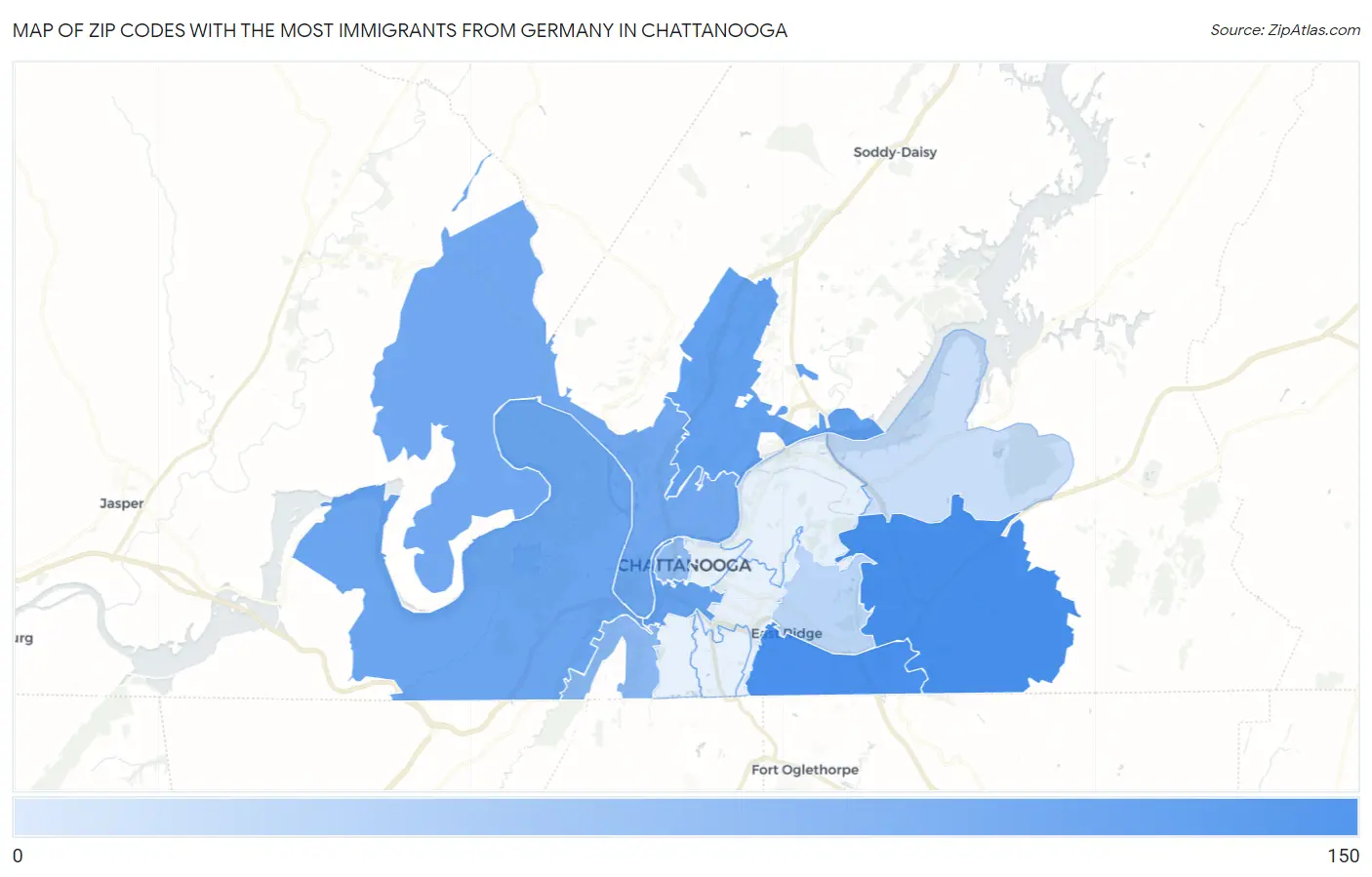 Zip Codes with the Most Immigrants from Germany in Chattanooga Map