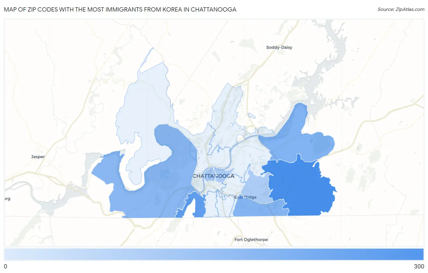 Zip Codes with the Most Immigrants from Korea in Chattanooga Map