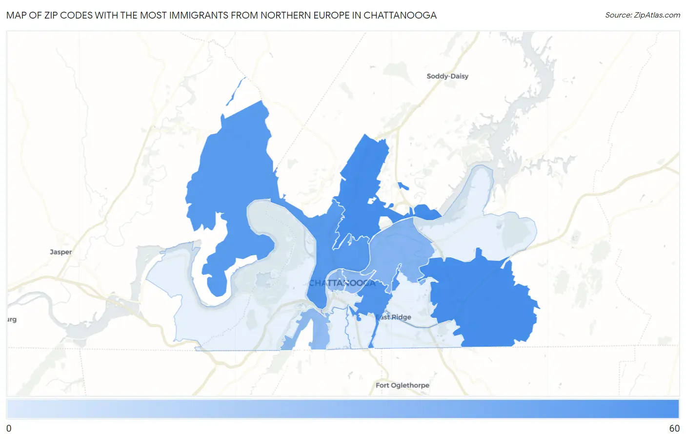 Zip Codes with the Most Immigrants from Northern Europe in Chattanooga Map