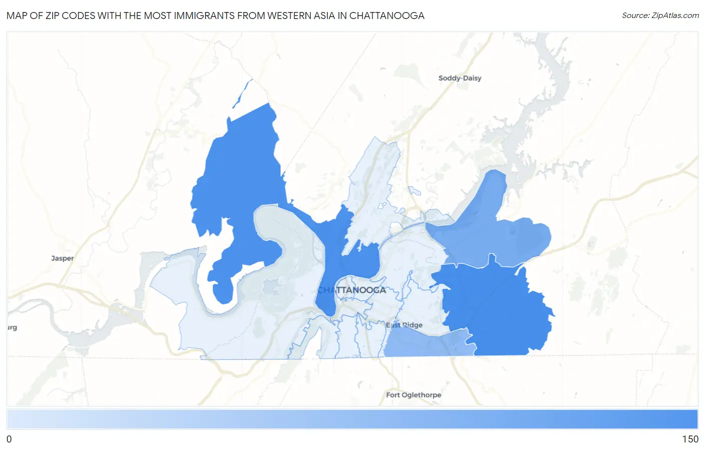 Zip Codes with the Most Immigrants from Western Asia in Chattanooga Map