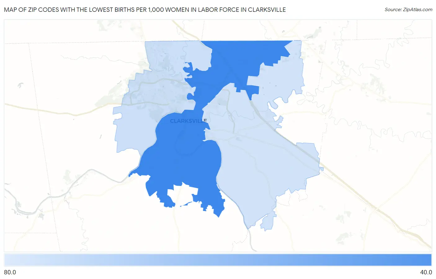 Zip Codes with the Lowest Births per 1,000 Women in Labor Force in Clarksville Map