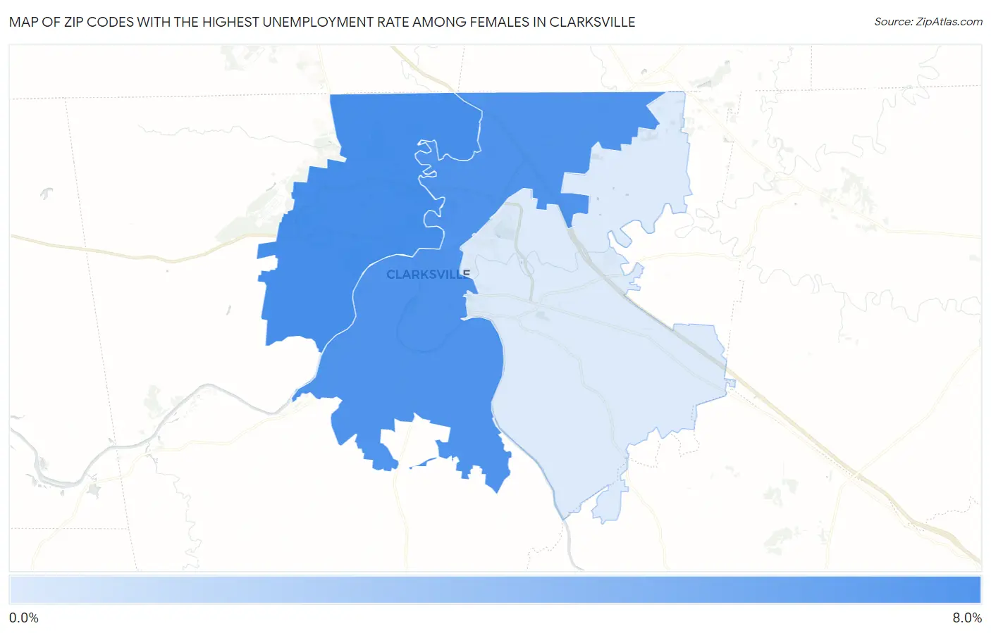 Zip Codes with the Highest Unemployment Rate Among Females in Clarksville Map