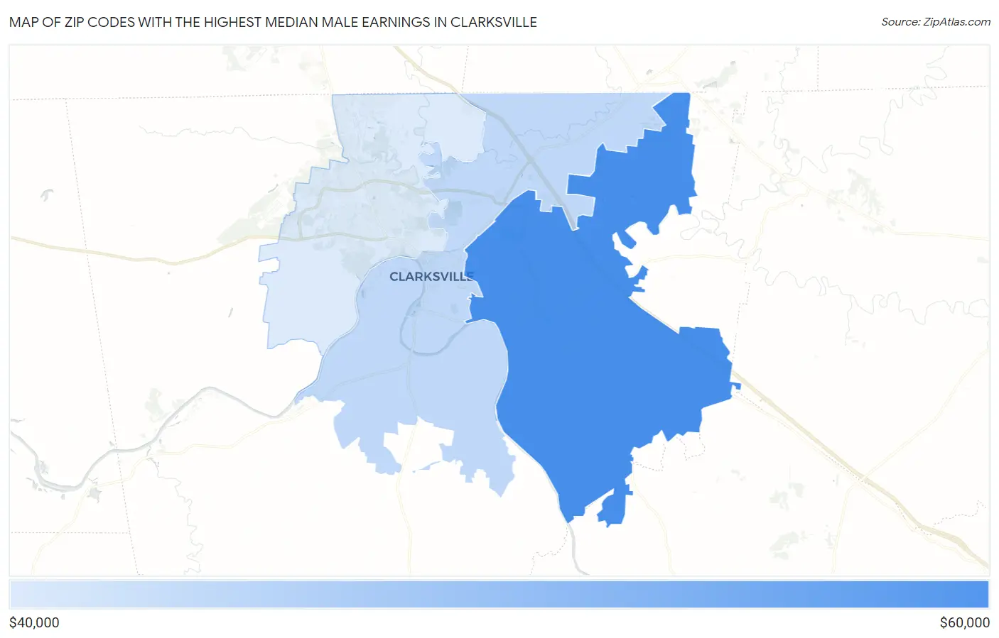 Zip Codes with the Highest Median Male Earnings in Clarksville Map