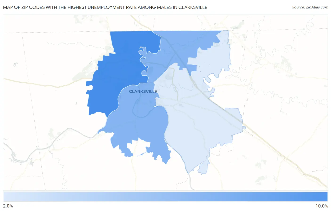 Zip Codes with the Highest Unemployment Rate Among Males in Clarksville Map