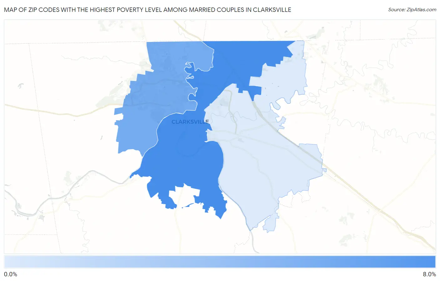 Zip Codes with the Highest Poverty Level Among Married Couples in Clarksville Map