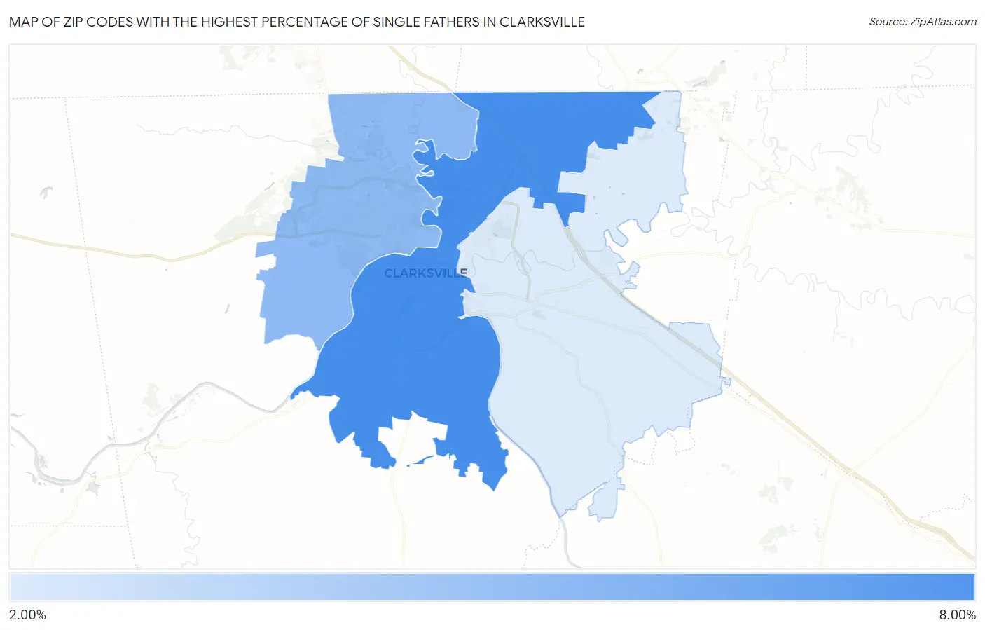 Zip Codes with the Highest Percentage of Single Fathers in Clarksville Map