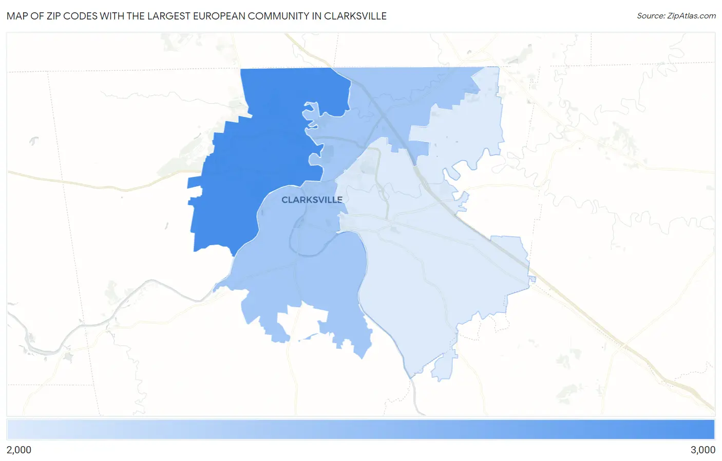 Zip Codes with the Largest European Community in Clarksville Map