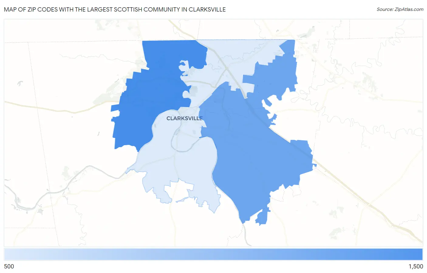 Zip Codes with the Largest Scottish Community in Clarksville Map