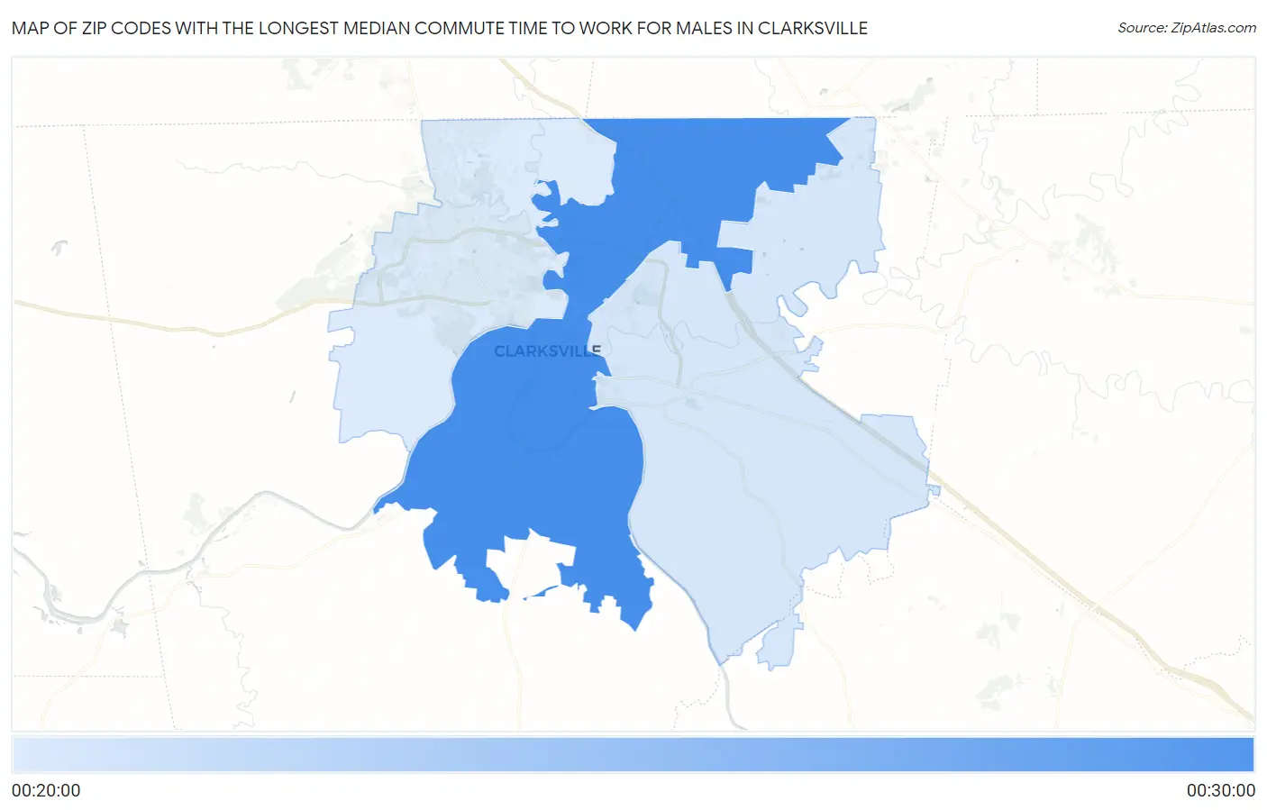 Zip Codes with the Longest Median Commute Time to Work for Males in Clarksville Map