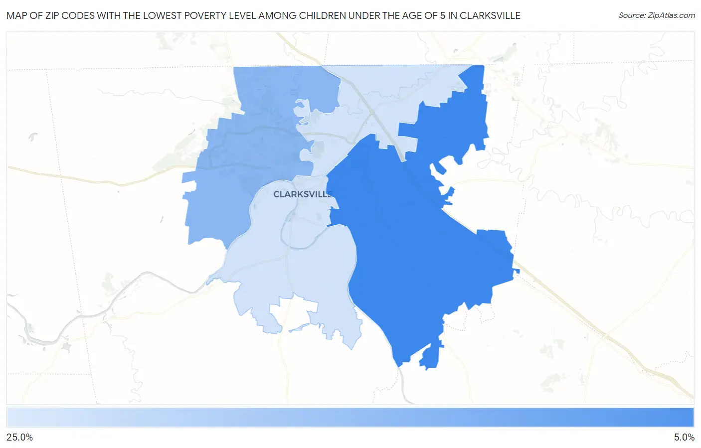 Zip Codes with the Lowest Poverty Level Among Children Under the Age of 5 in Clarksville Map