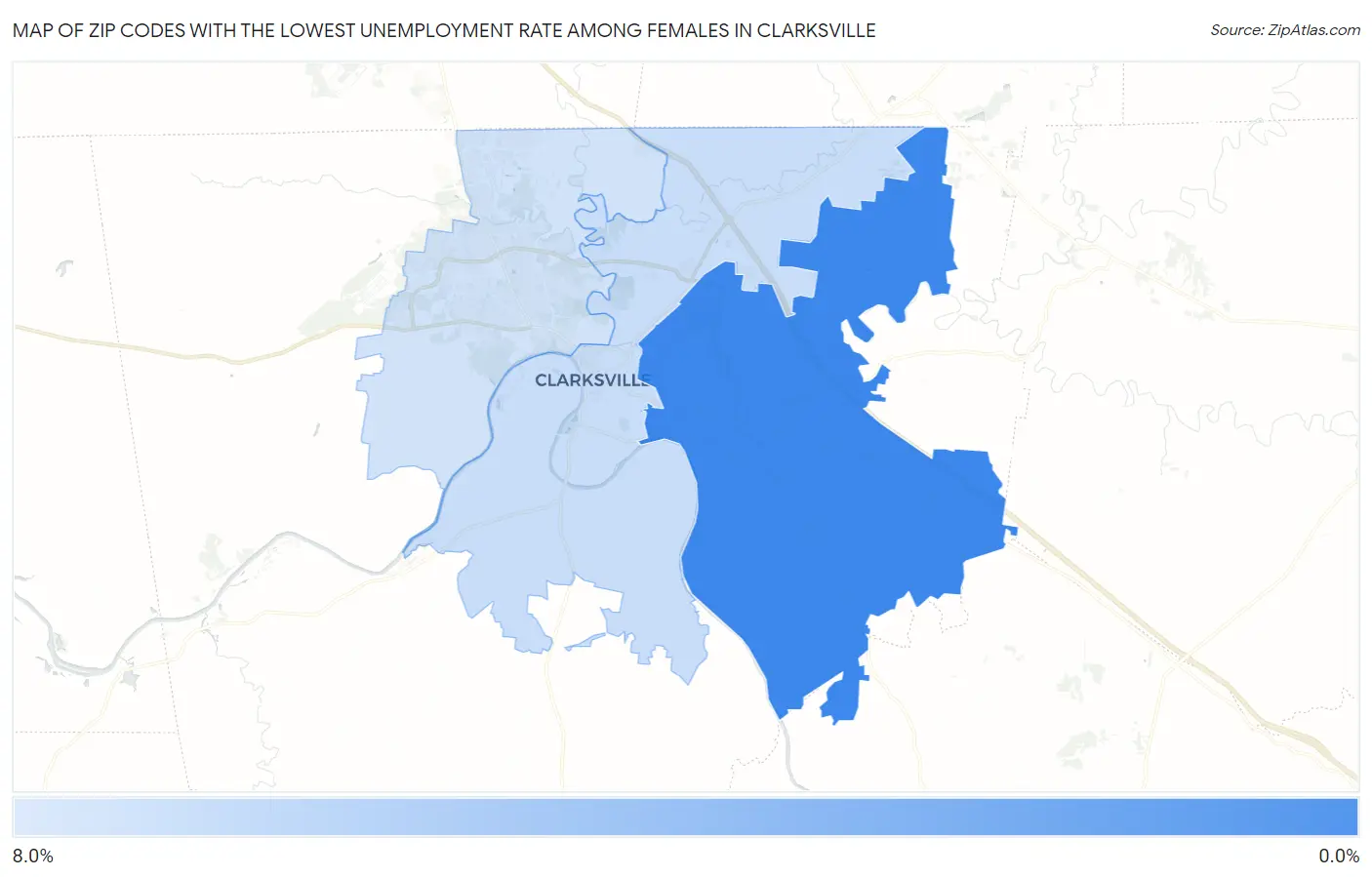 Zip Codes with the Lowest Unemployment Rate Among Females in Clarksville Map