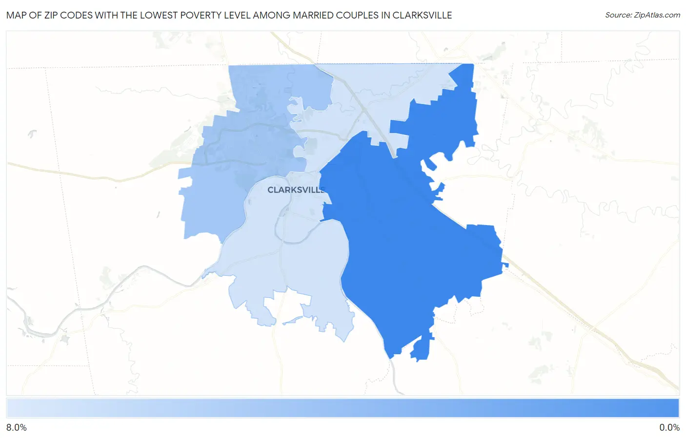 Zip Codes with the Lowest Poverty Level Among Married Couples in Clarksville Map