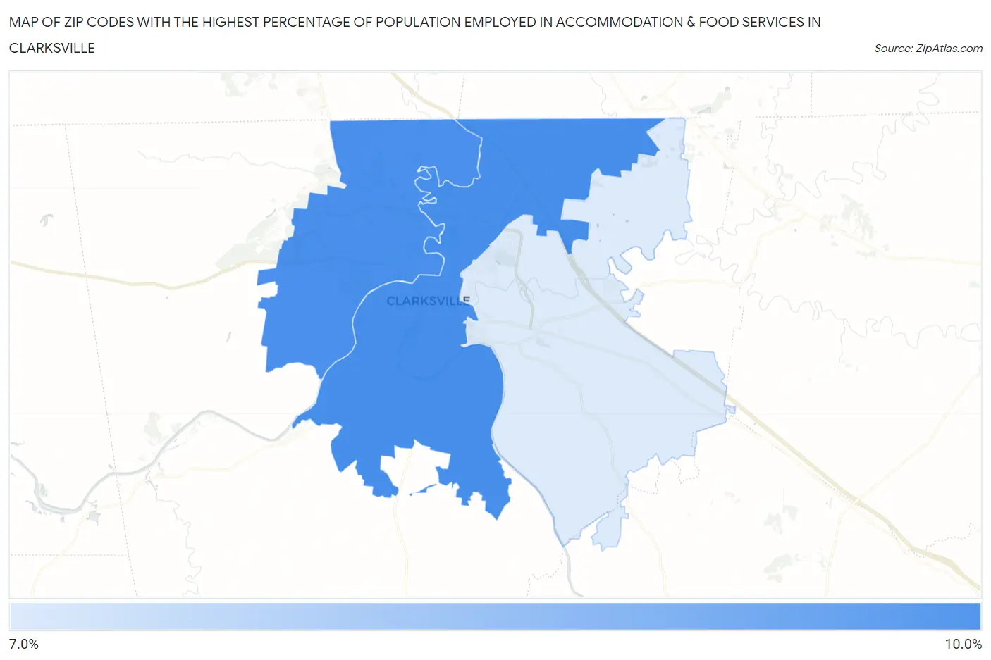 Zip Codes with the Highest Percentage of Population Employed in Accommodation & Food Services in Clarksville Map
