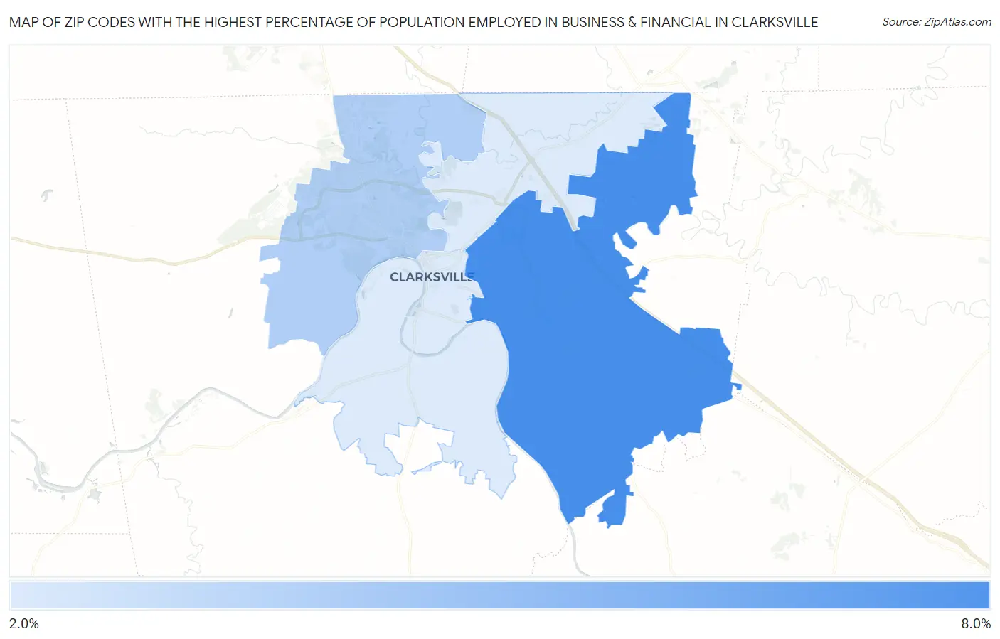 Zip Codes with the Highest Percentage of Population Employed in Business & Financial in Clarksville Map