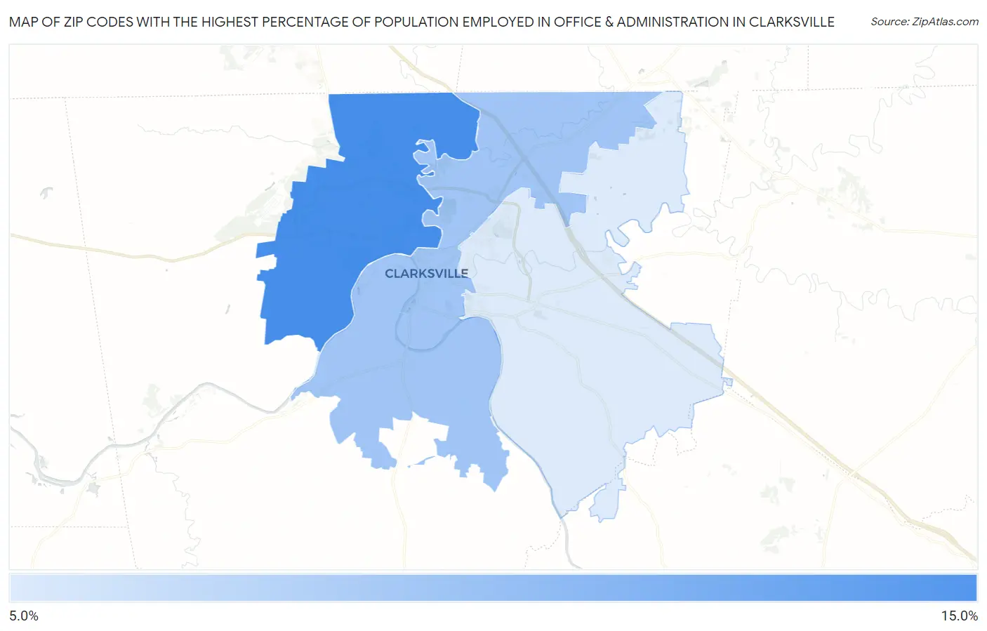 Zip Codes with the Highest Percentage of Population Employed in Office & Administration in Clarksville Map