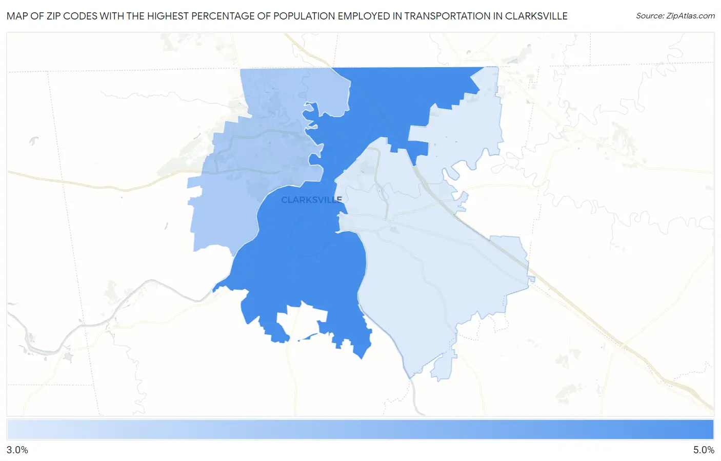 Zip Codes with the Highest Percentage of Population Employed in Transportation in Clarksville Map
