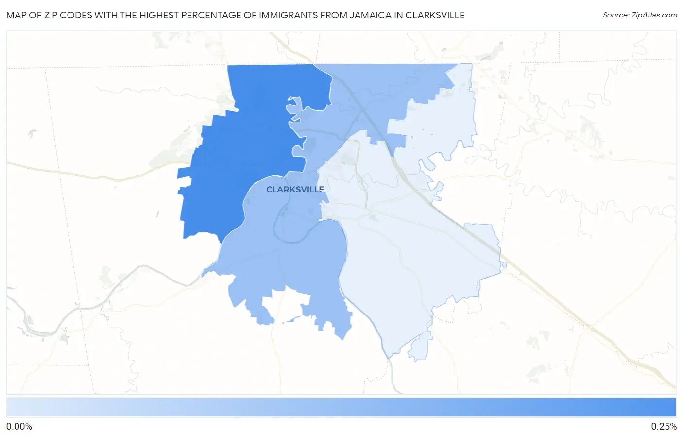 Zip Codes with the Highest Percentage of Immigrants from Jamaica in Clarksville Map