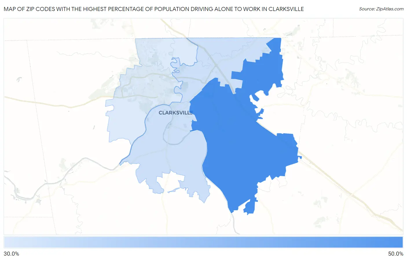 Zip Codes with the Highest Percentage of Population Driving Alone to Work in Clarksville Map