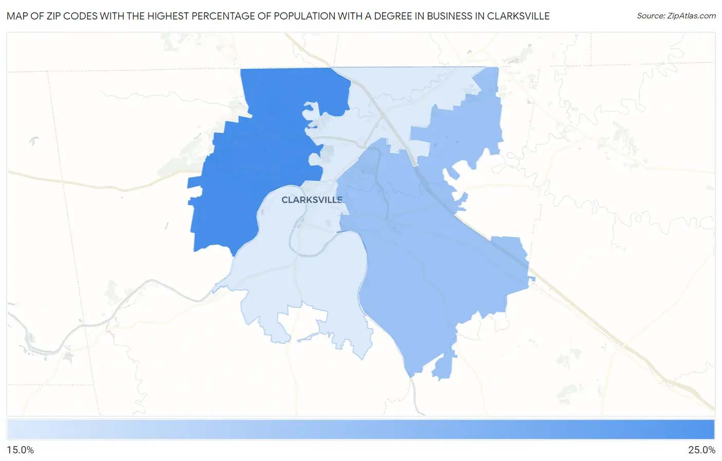 Zip Codes with the Highest Percentage of Population with a Degree in Business in Clarksville Map