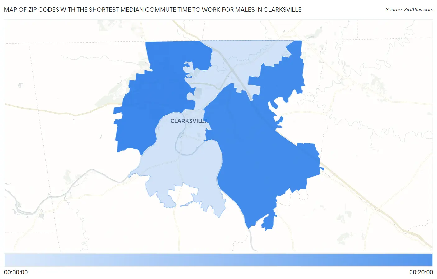 Zip Codes with the Shortest Median Commute Time to Work for Males in Clarksville Map
