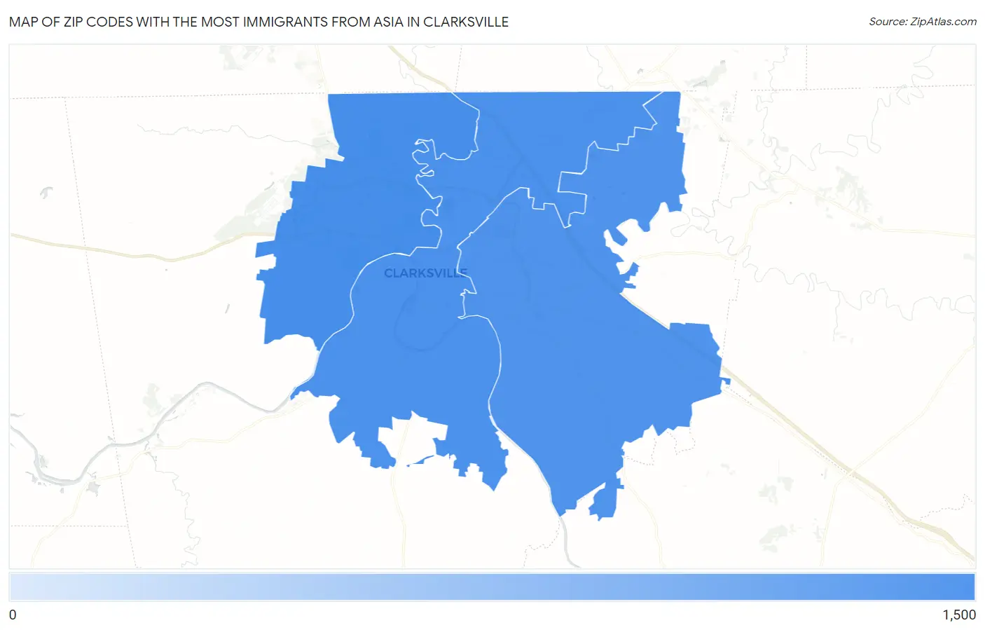 Zip Codes with the Most Immigrants from Asia in Clarksville Map