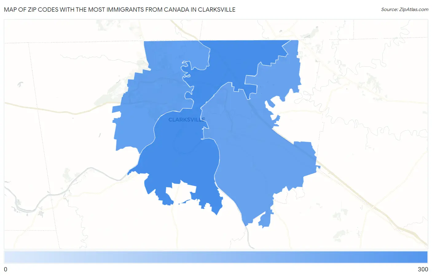 Zip Codes with the Most Immigrants from Canada in Clarksville Map