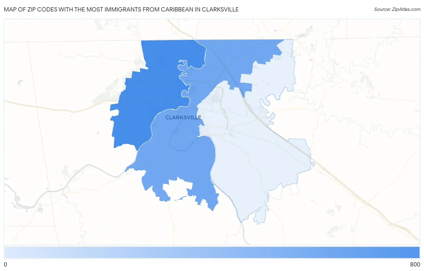 Zip Codes with the Most Immigrants from Caribbean in Clarksville Map