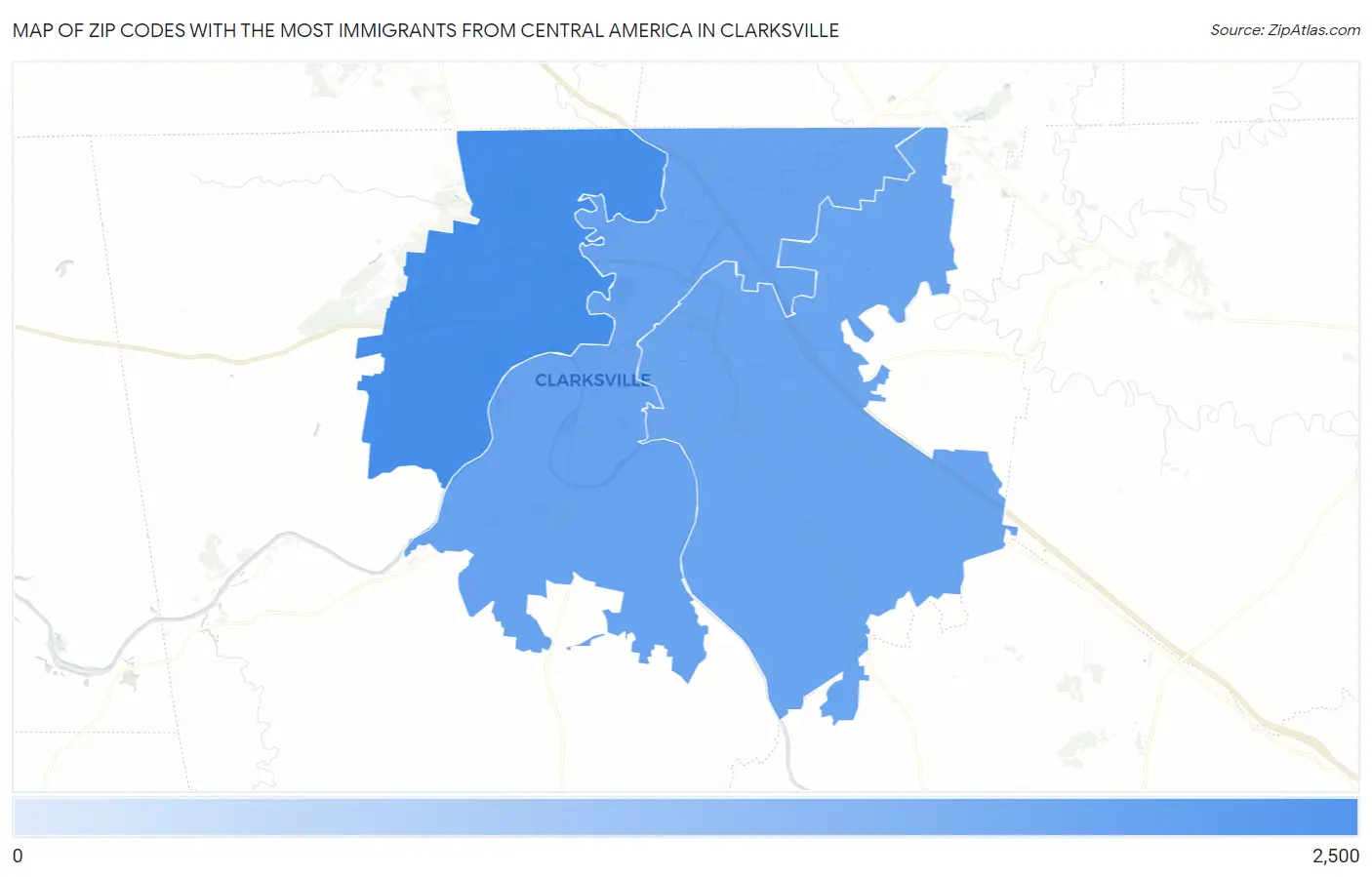 Zip Codes with the Most Immigrants from Central America in Clarksville Map