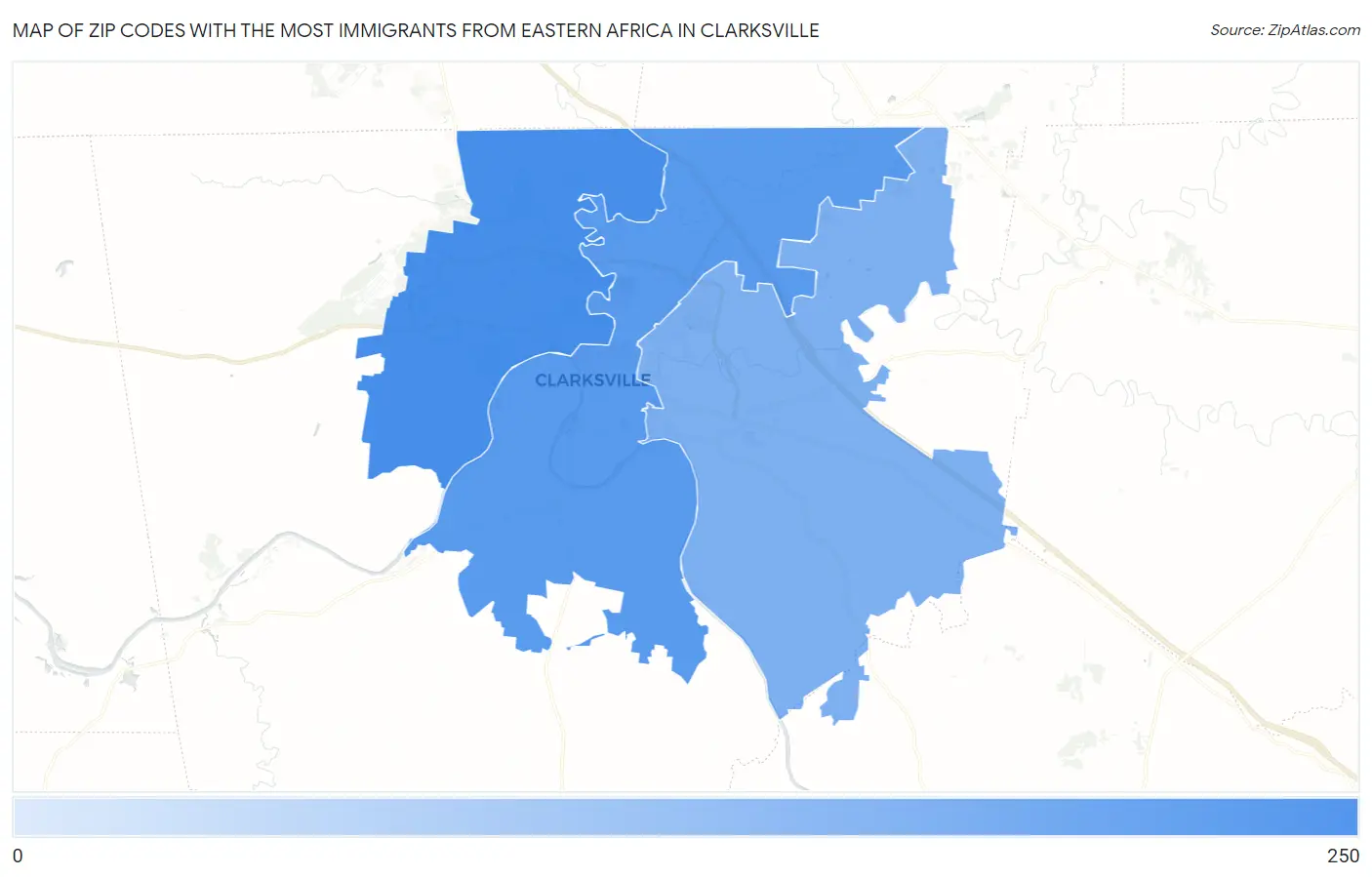 Zip Codes with the Most Immigrants from Eastern Africa in Clarksville Map