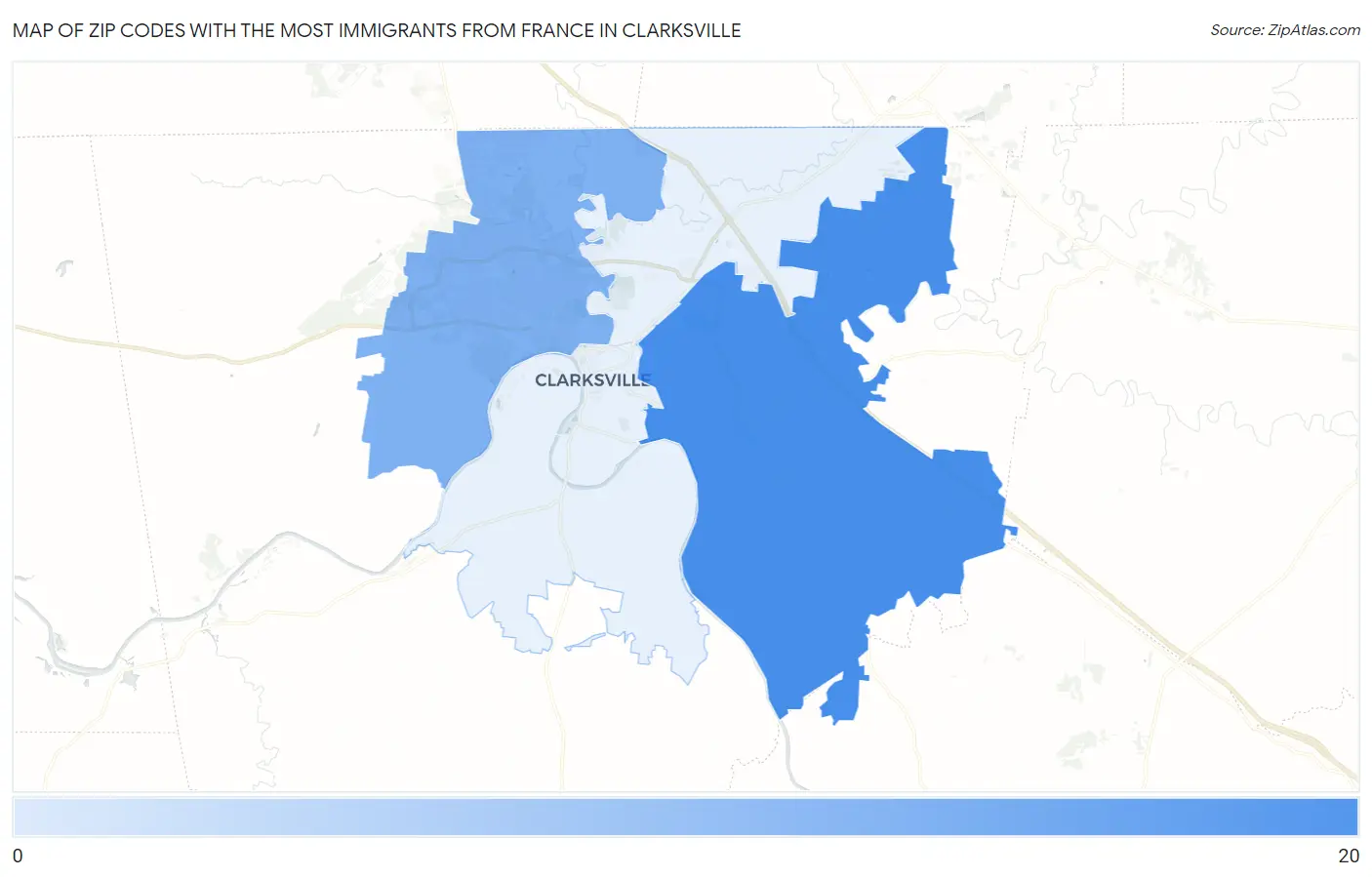 Zip Codes with the Most Immigrants from France in Clarksville Map