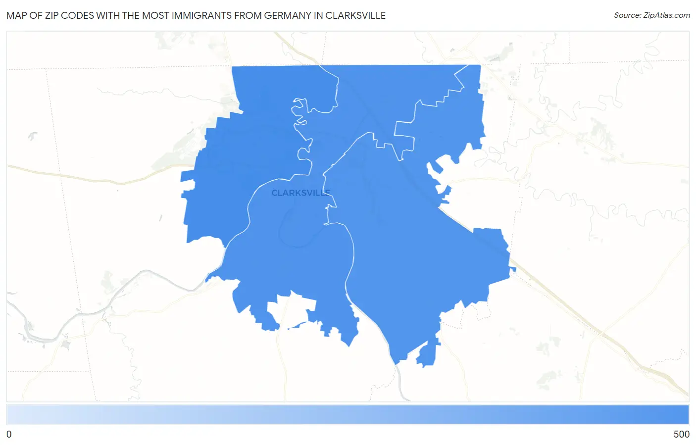 Zip Codes with the Most Immigrants from Germany in Clarksville Map