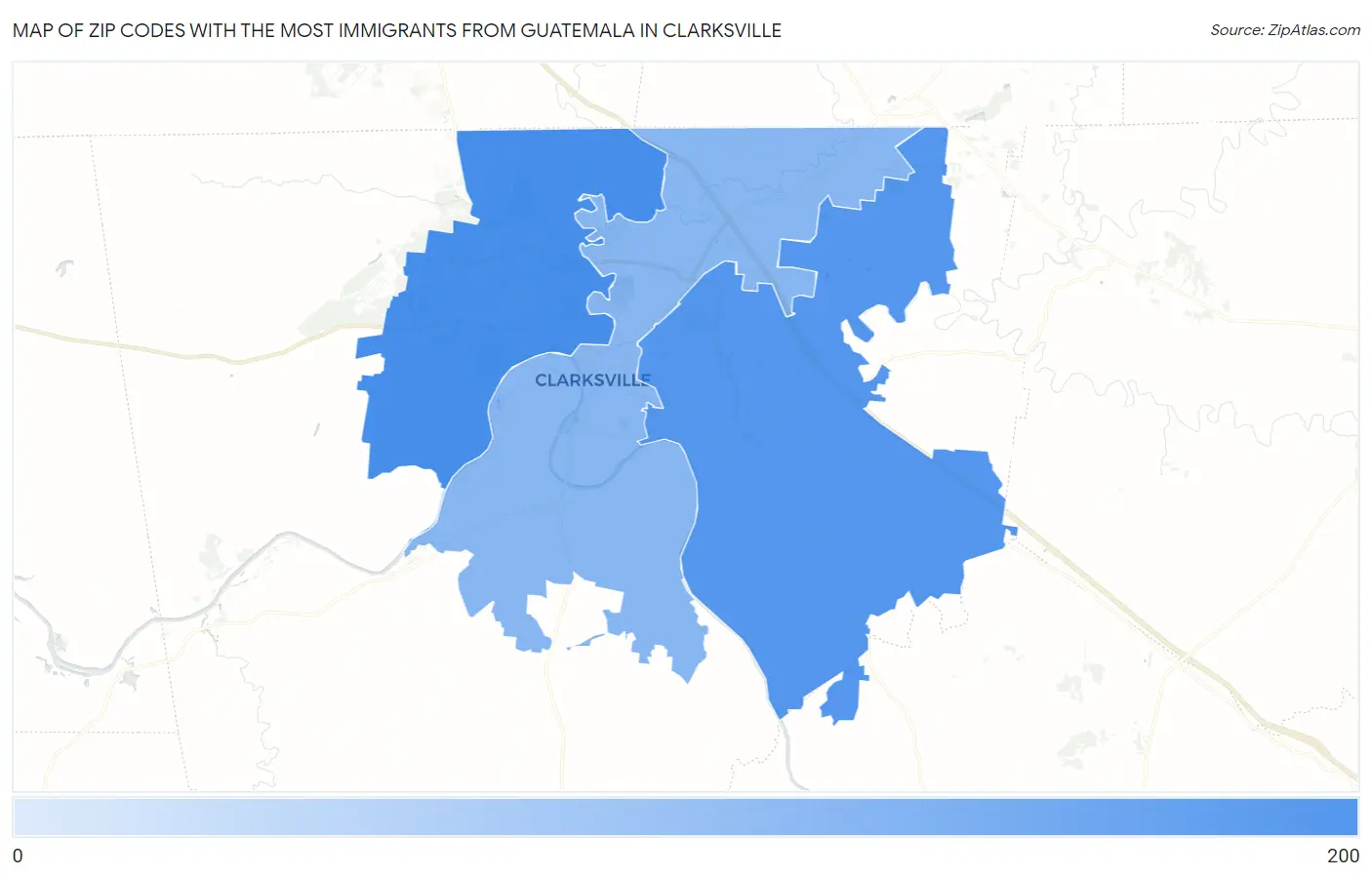 Zip Codes with the Most Immigrants from Guatemala in Clarksville Map