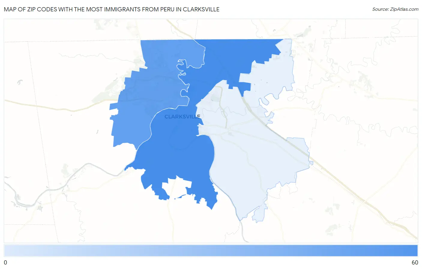 Zip Codes with the Most Immigrants from Peru in Clarksville Map