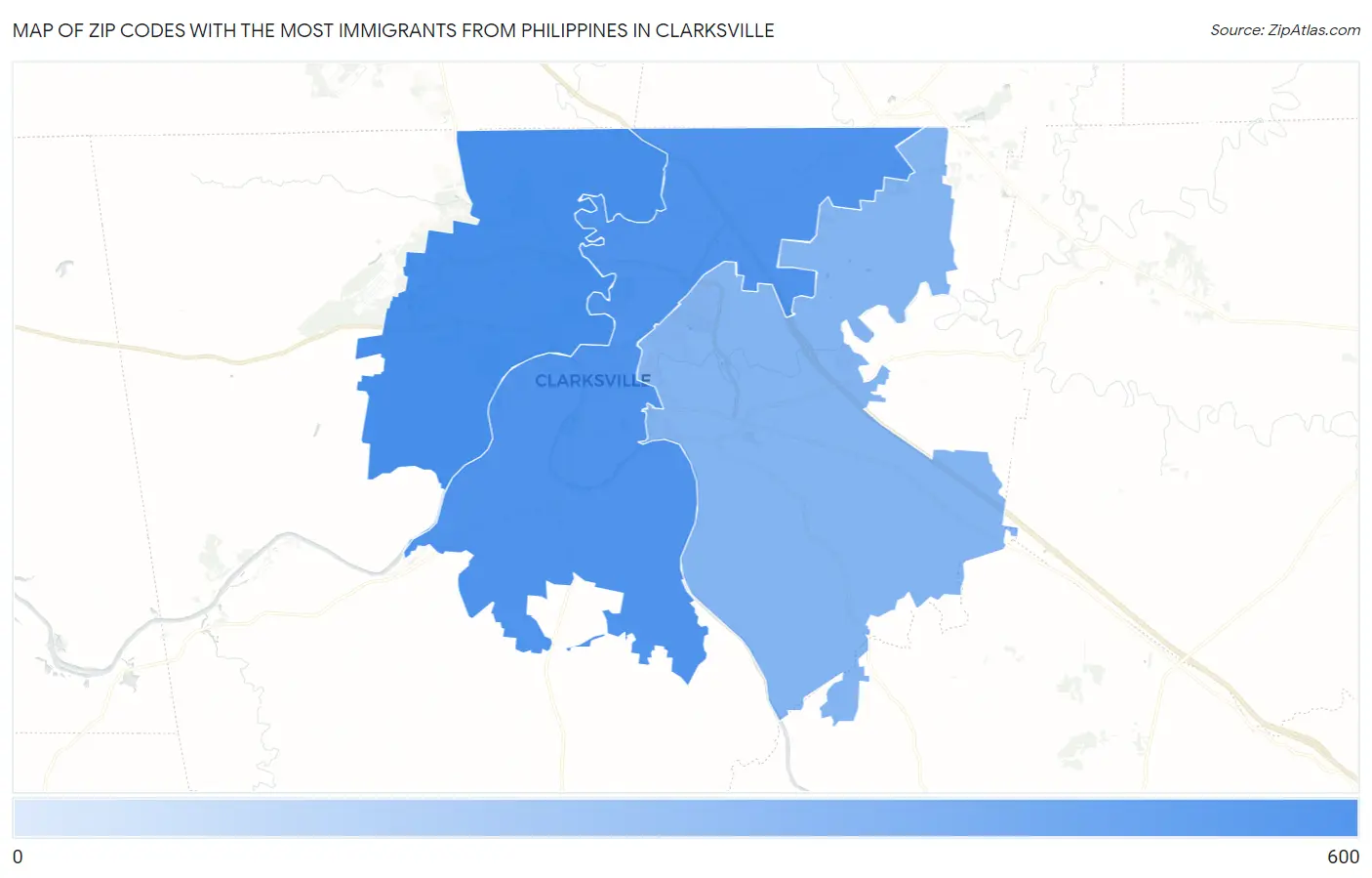 Zip Codes with the Most Immigrants from Philippines in Clarksville Map