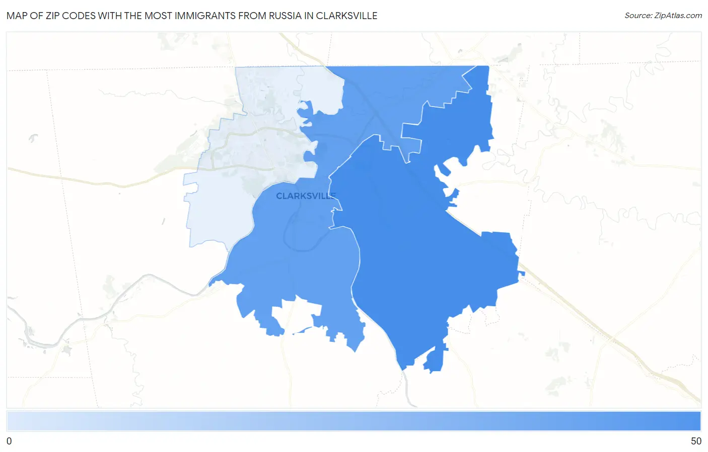 Zip Codes with the Most Immigrants from Russia in Clarksville Map
