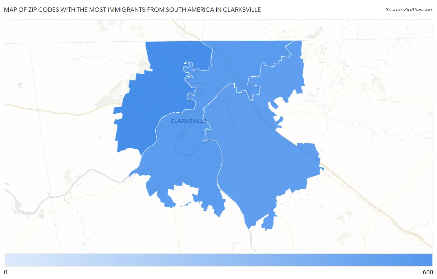 Zip Codes with the Most Immigrants from South America in Clarksville Map