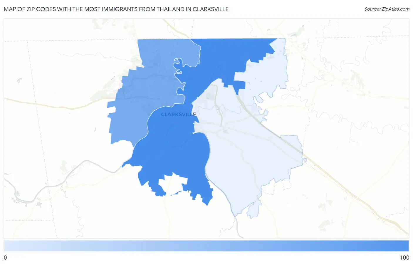 Zip Codes with the Most Immigrants from Thailand in Clarksville Map