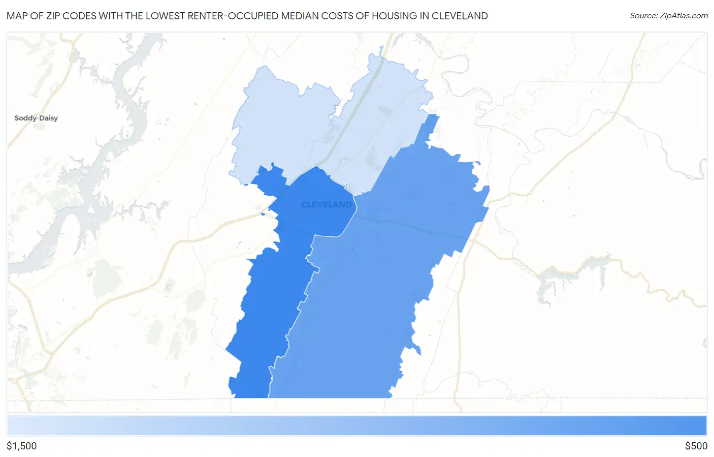 Zip Codes with the Lowest Renter-Occupied Median Costs of Housing in Cleveland Map