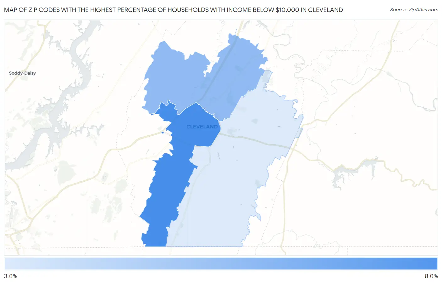 Zip Codes with the Highest Percentage of Households with Income Below $10,000 in Cleveland Map