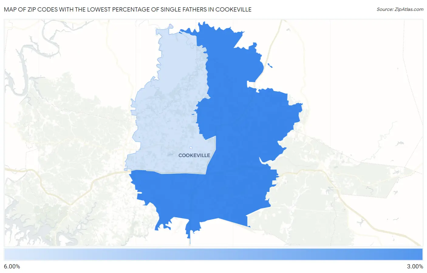 Zip Codes with the Lowest Percentage of Single Fathers in Cookeville Map