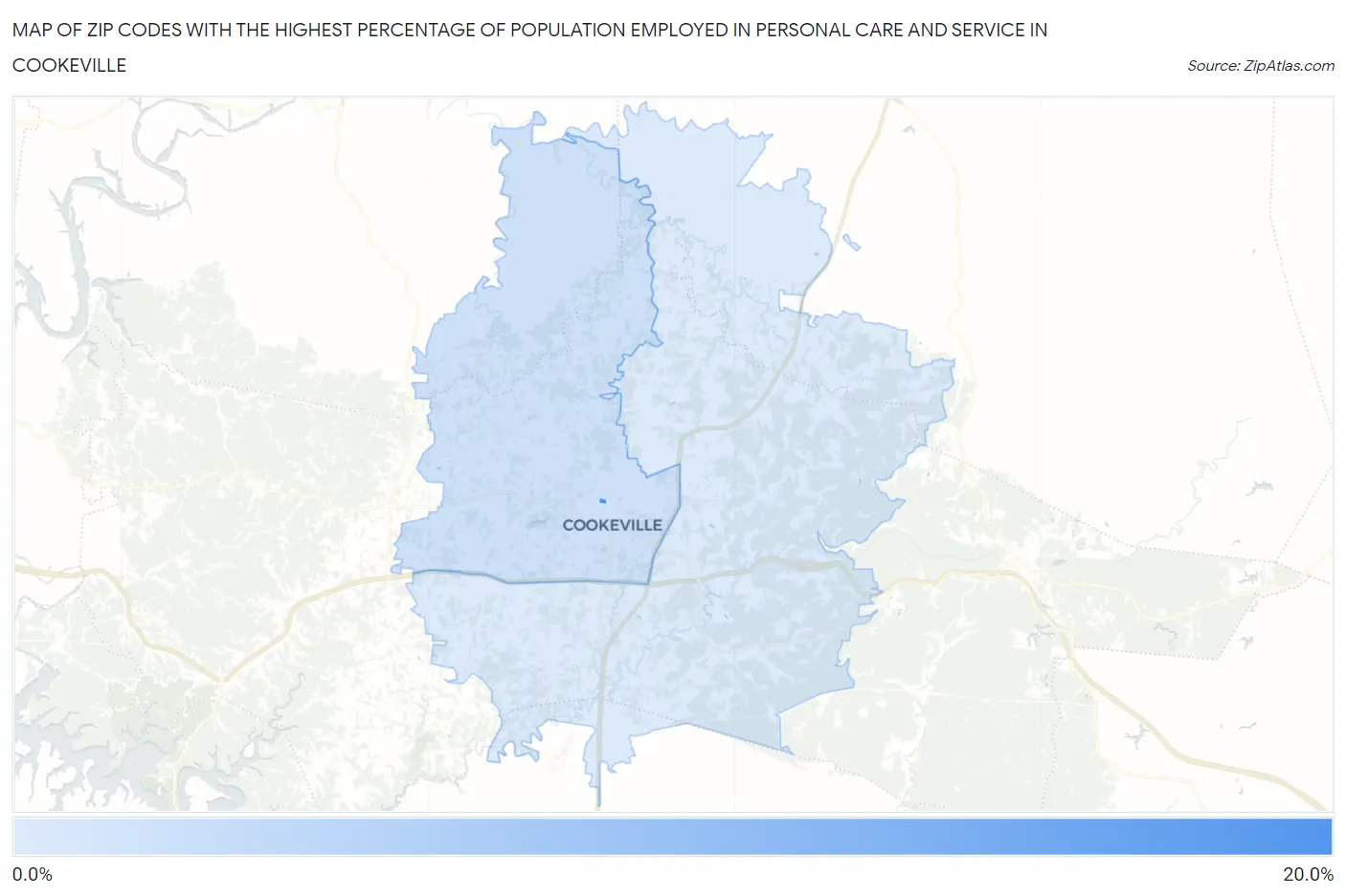 Zip Codes with the Highest Percentage of Population Employed in Personal Care and Service in Cookeville Map