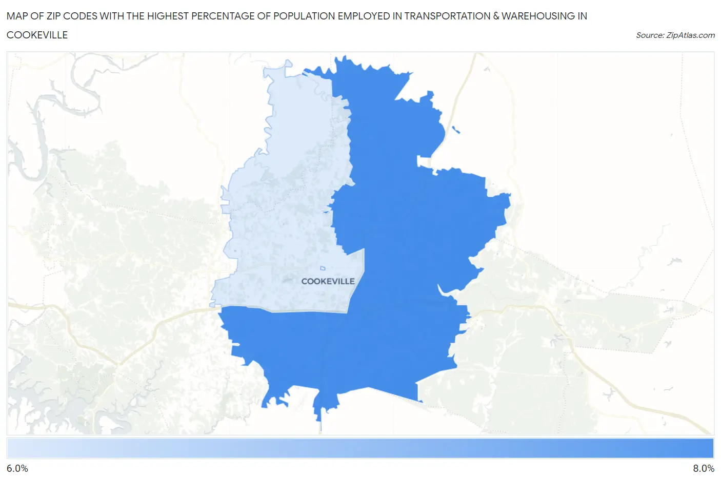 Zip Codes with the Highest Percentage of Population Employed in Transportation & Warehousing in Cookeville Map