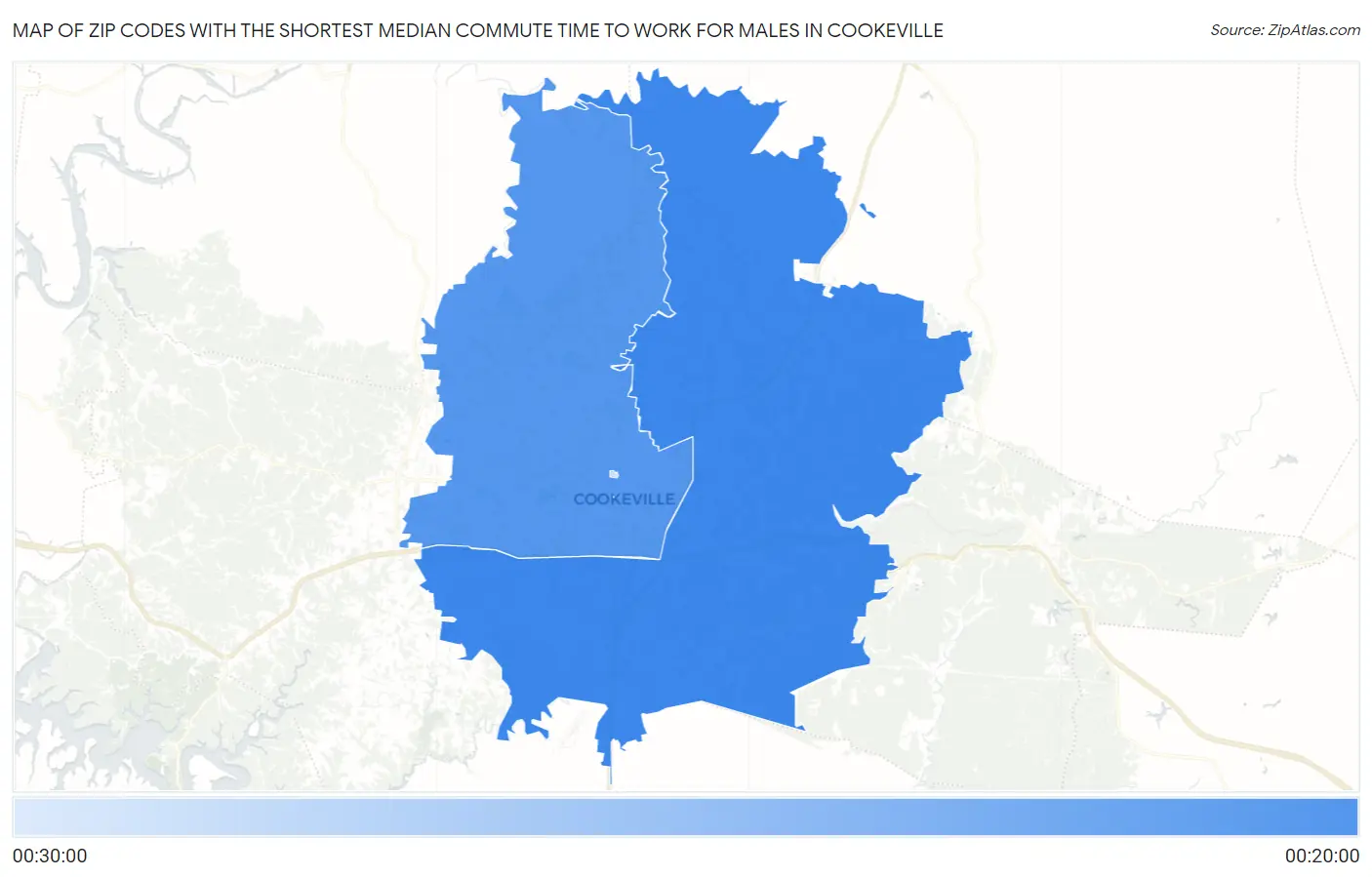 Zip Codes with the Shortest Median Commute Time to Work for Males in Cookeville Map
