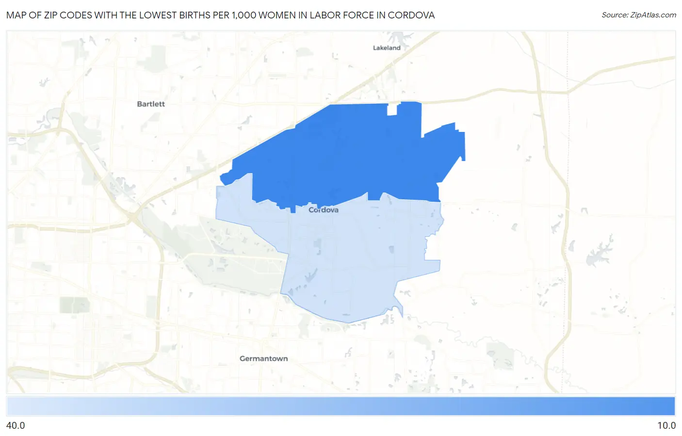 Zip Codes with the Lowest Births per 1,000 Women in Labor Force in Cordova Map