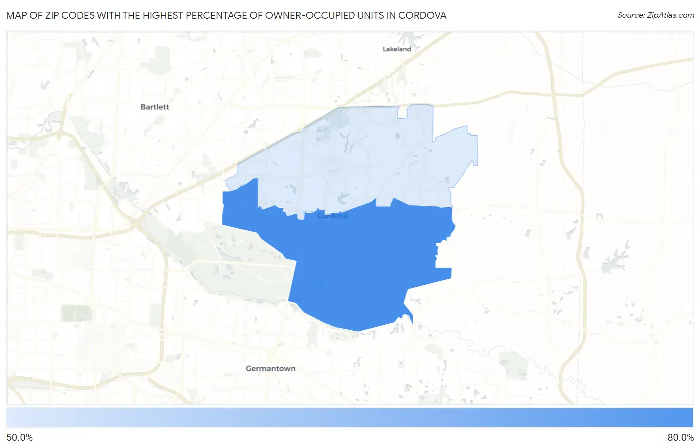 Zip Codes with the Highest Percentage of Owner-Occupied Units in Cordova Map