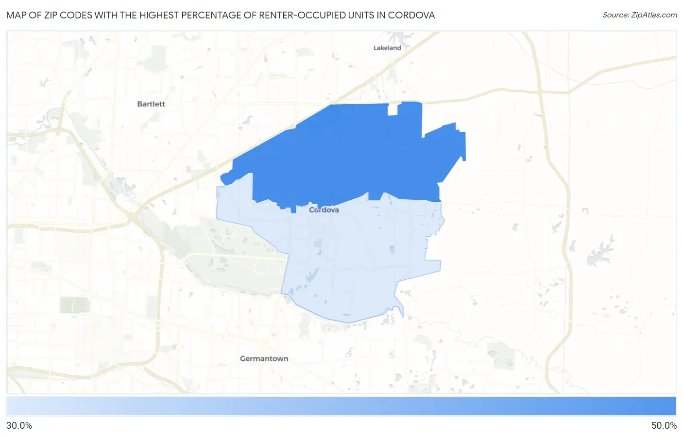 Zip Codes with the Highest Percentage of Renter-Occupied Units in Cordova Map